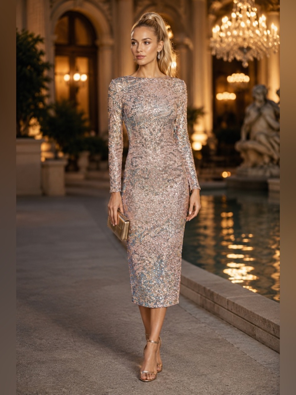 Dress the population Emery Sequin Boat Neck Low Back Long Sleeve Bodycon dress